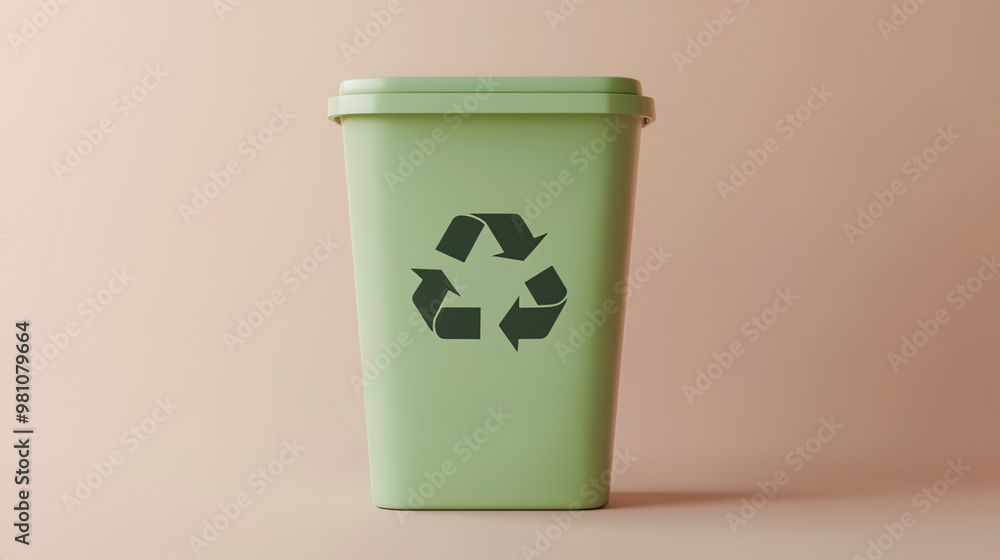 a green trash bin with a recycling sign on a light pastel background a green trash bin with a recycling sign on a light pastel background