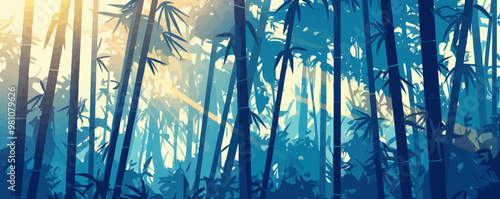 Dense bamboo forest with sunlight filtering through, Vector flat minimalistic isolated illustration