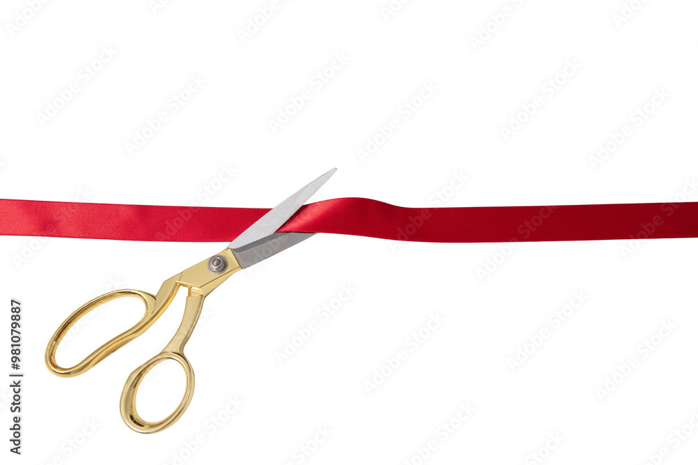Grand opening, ribbon cut, gold scissors and red satin ribbon isolated on white, transparent