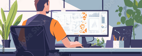 Develop an illustration of an engineer using a computer with CAD software, modeling and simulating complex structures. Vector flat minimalistic isolated illustration.