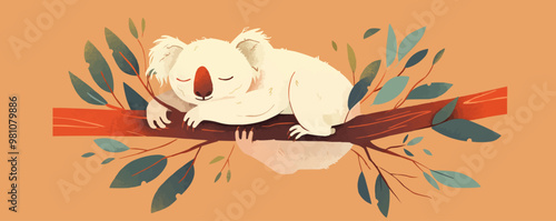 Develop an illustration of a koala resting on a eucalyptus branch, showcasing the tree's significance in wildlife habitats. Vector flat minimalistic isolated illustration.