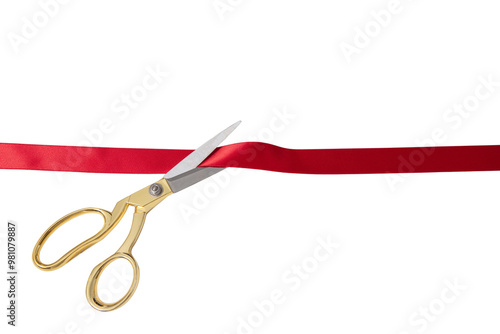 Obraz na płótnie Grand opening, ribbon cut, gold scissors and red satin ribbon isolated on white, transparent w salonie