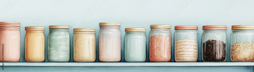 Colorful jars lined up on a shelf, showcasing a variety of contents, perfect for kitchen organization and decor inspiration. Colorful jars lined up on a shelf, showcasing a variety of contents, perfect for kitchen organization and decor inspiration.