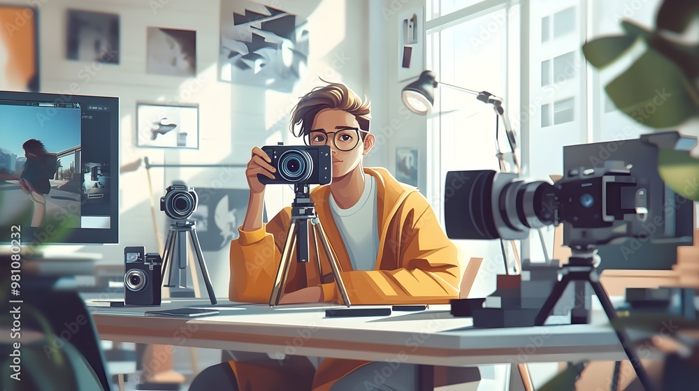 Energetic Young Content Creator Filming Video Diary or Livestream with Various Tech Gadgets and Equipment Energetic Young Content Creator Filming Video Diary or Livestream with Various Tech Gadgets and Equipment