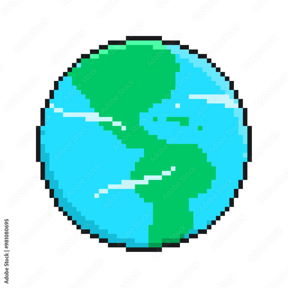 Fototapeta premium Pixel Art Blue Globe with America Continent and clouds
