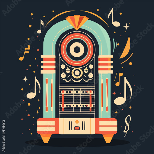 Retro jukebox with musical notes and vintage aesthetics, nostalgic tunes, vector illustration for t-shirt, flat style.