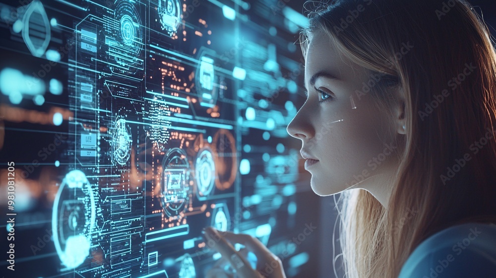 A striking double exposure image featuring a woman deeply focused on digital work, blending technology and creativity seamlessly. A striking double exposure image featuring a woman deeply focused on digital work, blending technology and creativity seamlessly.