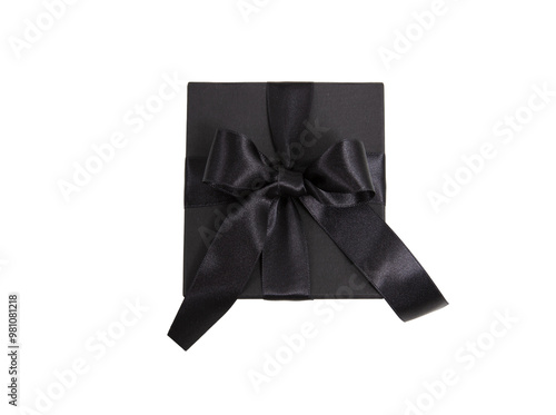 Black Friday Sale. Black gift box with ribbon bow isolated on white transparent, top view