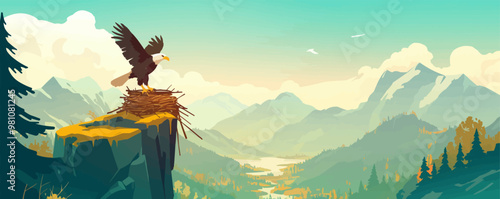 Eagle building a nest high in the mountains. Vector flat minimalistic isolated illustration.