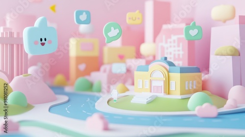 A colorful, whimsical cityscape with social media icons and a central building.