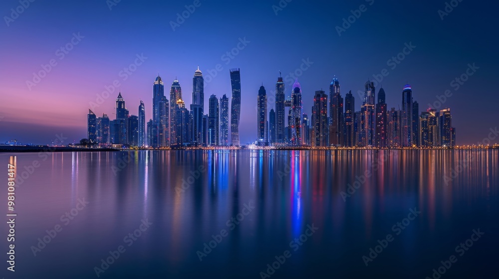 Stunning city skyline at dusk with vibrant lights reflecting on water in a serene atmosphere. Stunning city skyline at dusk with vibrant lights reflecting on water in a serene atmosphere.