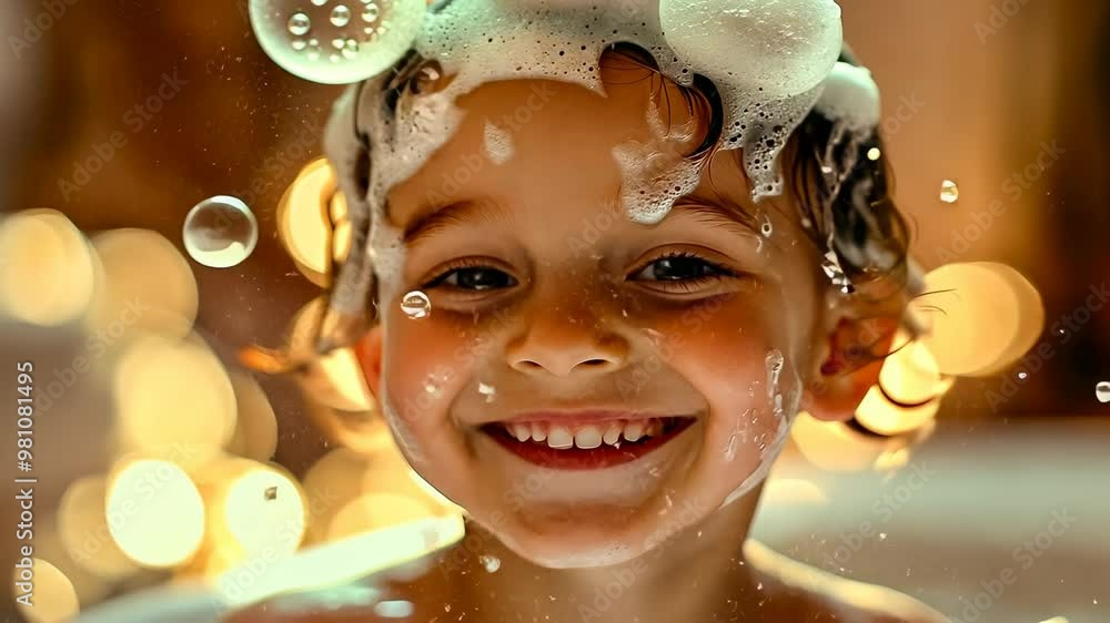 A young Caucasian boy, around 4-6 years old, with light brown hair, smiles brightly with soap bubbles on his head during an evening bath. Warm lighting creates a cozy and joyful atmosphere. A young Caucasian boy, around 4-6 years old, with light brown hair, smiles brightly with soap bubbles on his head during an evening bath. Warm lighting creates a cozy and joyful atmosphere.
