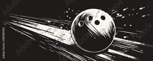 Retro pin-up bowling ball with classic finger holes, vector illustration, pin-up style, imitation of a scratch board, black and white image.