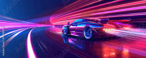 A car is driving down a track with a bright purple background. The car is surrounded by a series of bright lights, creating a sense of motion and excitement. The image conveys a feeling of speed