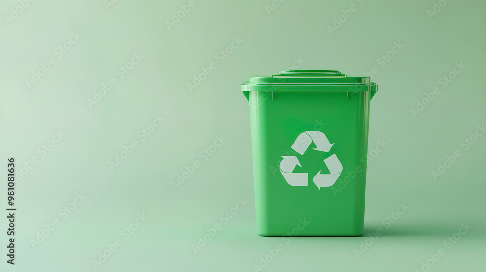 a green trash bin with a recycling sign on a light pastel background a green trash bin with a recycling sign on a light pastel background