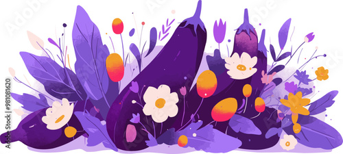 Eggplant plant with flowers, Vector flat minimalistic isolated illustration -