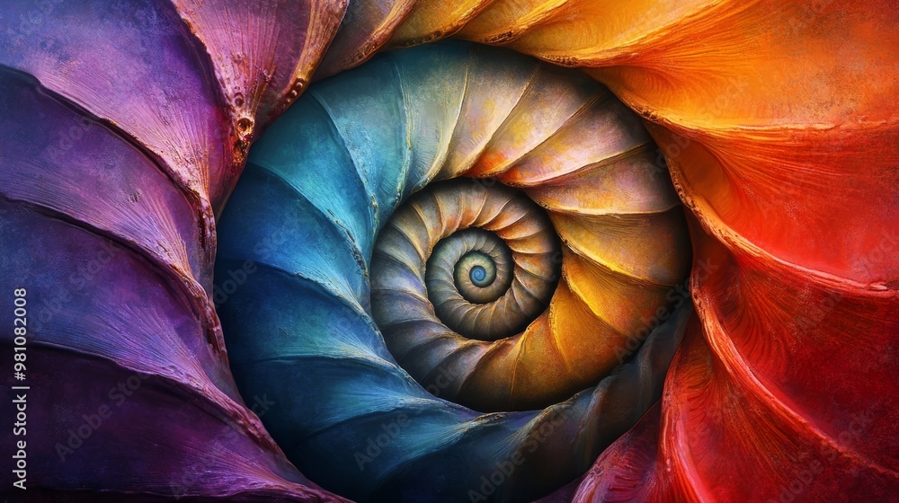 Fototapeta premium Psychedelic swirl of seashells in a perfect spiral, vivid, trippy colors, sandy texture, abstract, digital painting, high-contrast lighting, bold and bright