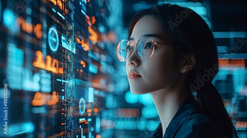 A modern image of a woman deeply engaged in analyzing data on a digital screen, set against a technological background.