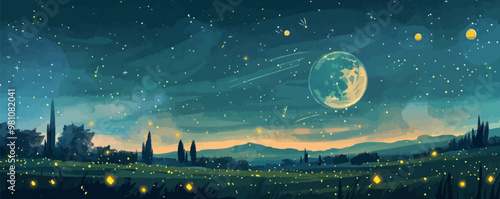 Starry night sky over a quiet countryside with a full moon, twinkling stars, and fireflies dancing, flat, vector illustration in watercolor style.