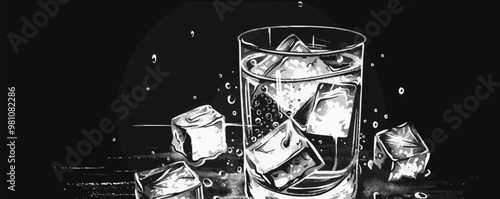 Stylish pin-up highball glass with ice cubes, vector illustration, pin-up style, imitation of a scratch board, black and white image.