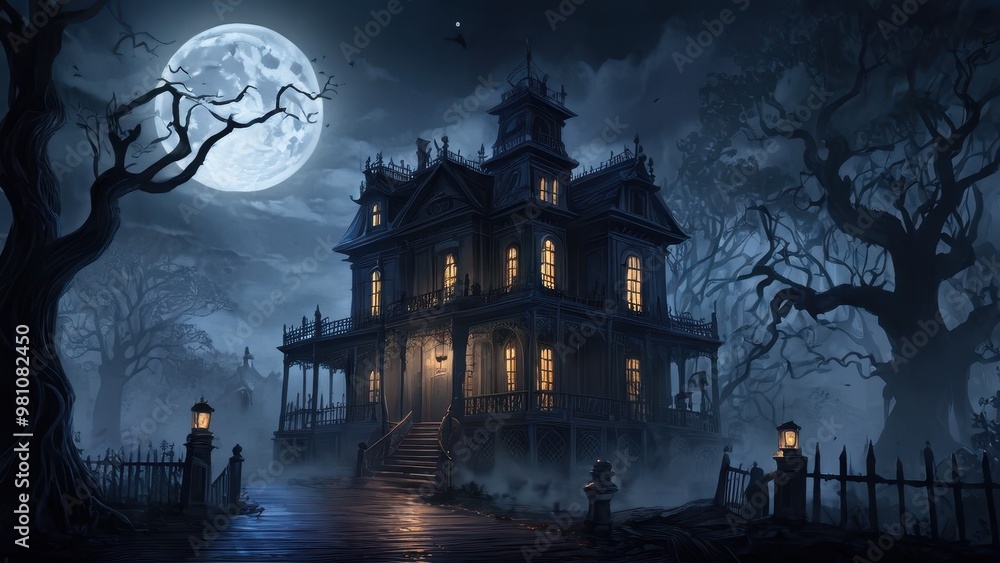 A dark, abandoned house sits in the moonlight, with twisted branches and thick fog surrounding it, creating an eerie and haunting scene in the middle of the night A dark, abandoned house sits in the moonlight, with twisted branches and thick fog surrounding it, creating an eerie and haunting scene in the middle of the night