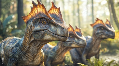 Fototapeta Naklejka Na Ścianę i Meble -  Widescreen composition showcasing a family of Parasaurolophus dinosaurs their unique crested heads captivating young audiences