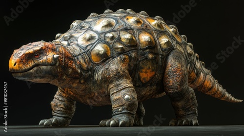 Panoramic 3D model of an Ankylosaurus its armored body and club-like tail piquing the interest of children photo