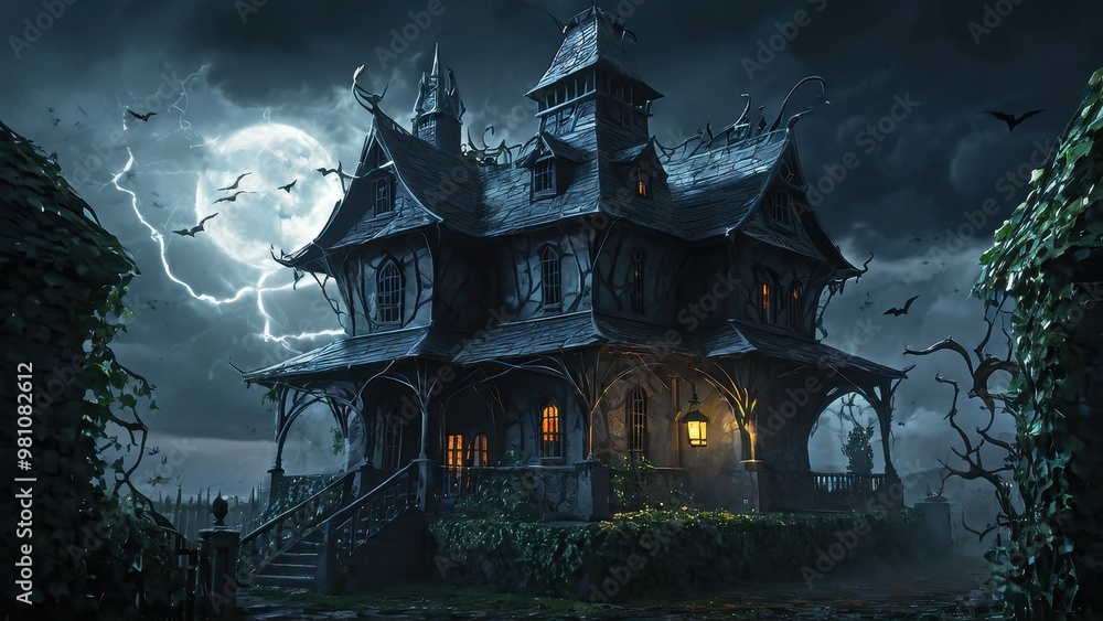 Obraz premium A haunted Victorian mansion looms under the full moon, surrounded by eerie fog and dead trees, casting a chilling atmosphere perfect for a spooky Halloween night