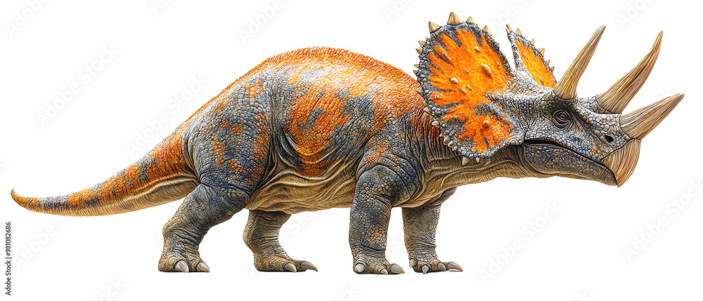 A vibrant illustration of a triceratops, showcasing its unique features and colorful orange patterns on the head and body. A vibrant illustration of a triceratops, showcasing its unique features and colorful orange patterns on the head and body.