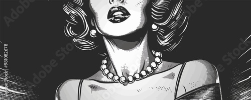 Stylish pin-up pearl necklace, vector illustration, pin-up style, imitation of a scratch board, black and white image.