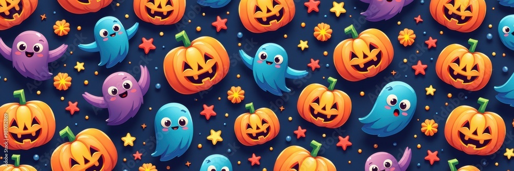 A cheerful Halloween-themed pattern featuring colorful ghosts and smiling pumpkins against a dark background, perfect for festive designs and seasonal marketing. A cheerful Halloween-themed pattern featuring colorful ghosts and smiling pumpkins against a dark background, perfect for festive designs and seasonal marketing.