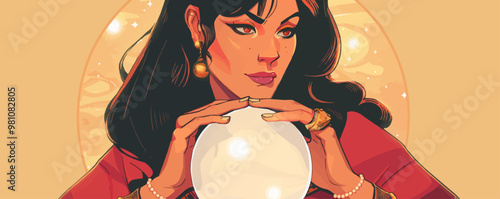 Sultry pin-up fortune teller with a crystal ball, predicting the future, flat, vector illustration, pin-up style.
