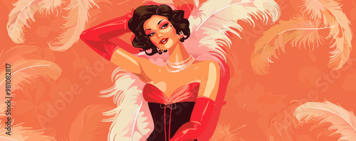 Sultry pin-up fortune teller with a crystal ball and tarot cards, flat, vector illustration, pin-up style.