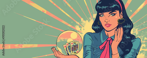 Sultry pin-up fortune teller with a crystal ball and tarot cards, flat, vector illustration, pin-up style.