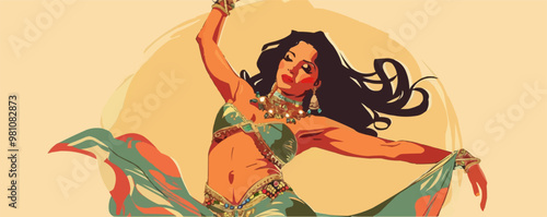 Sultry pin-up fortune teller with a crystal ball and tarot cards, flat, vector illustration, pin-up style.