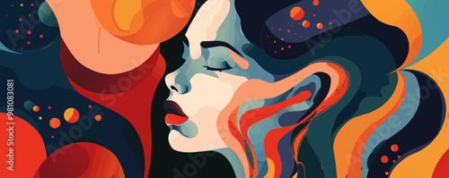 Surrealist portrait with dreamlike elements and unusual features, flat portrait, vector illustration.