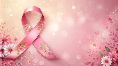Floral pink ribbon for breast cancer awareness with copy space
