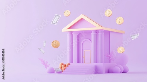 A stylized bank building with money symbols, representing finance and wealth. photo