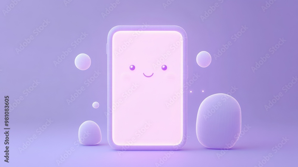 A cute, glowing smartphone with a smiling face surrounded by soft, rounded shapes. A cute, glowing smartphone with a smiling face surrounded by soft, rounded shapes.