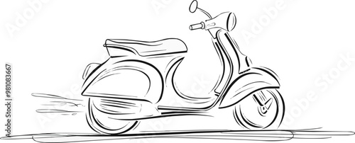 The scooter is drawn with one continuous line on a white background. vector illustration