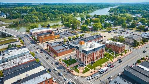 Aerial View of Historic Courthouse and River in Small Town Ohio