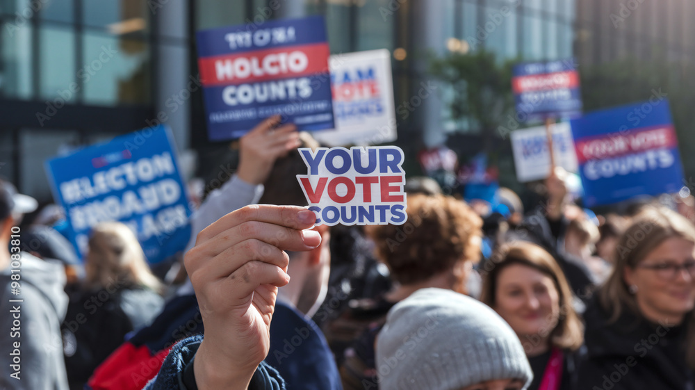 Fototapeta premium Your vote counts! This image captures vibrant scene of crowd holding signs advocating for voter participation and importance of elections. atmosphere is filled with energy and determination