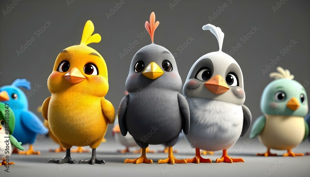 Fototapeta premium Cute cartoon birds with various colors and patterns, including a yellow-breasted bird