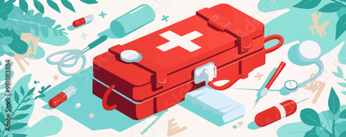 First aid kit with medical supplies. Vector flat minimalistic isolated illustration