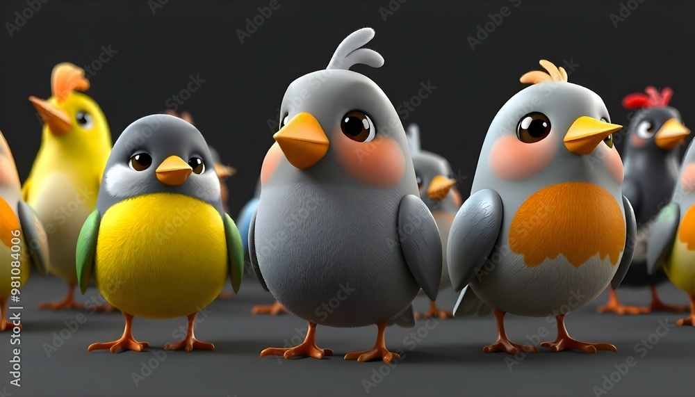 Fototapeta premium Cute cartoon birds with various colors and patterns, including a yellow-breasted bird
