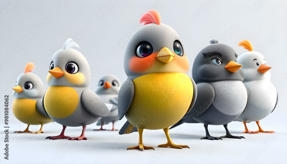 Fototapeta premium Cute cartoon birds with various colors and patterns, including a yellow-breasted bird