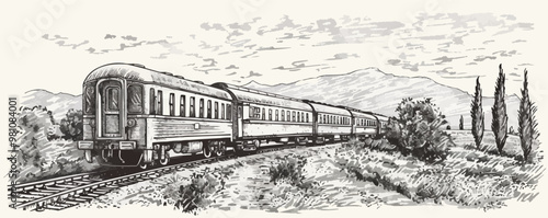 Train on tracks in the countryside sketch engraving vector illustration. Scratch board imitation. Black and white image. Vector illustration