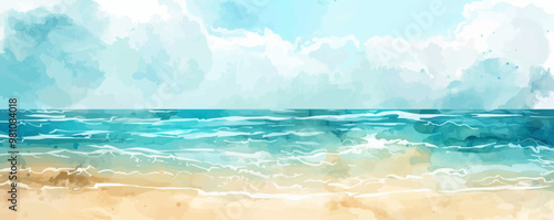 Tranquil beach watercolor background with soft sands and ocean blues, flat, vector illustration.
