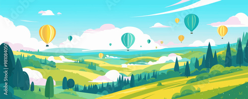 Floating hot air balloons over a scenic landscape, Vector flat minimalistic isolated illustration