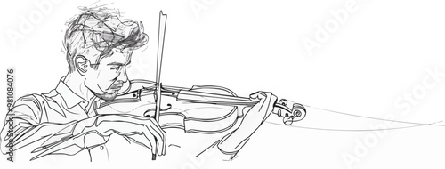 The violinist is drawn with one continuous line on a white background. vector illustration